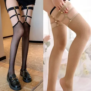 1 Pair Women’s Elegant Rivet - Studded Thigh - High Fishnet Stockings - Black, Nylon & Spandex Blend