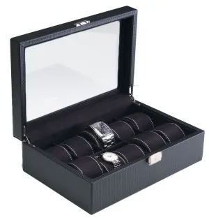 (10) Carbon Fiber Pattern Leather Watch Box with Glass Top