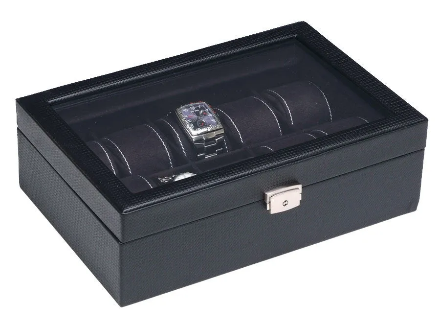 (10) Carbon Fiber Pattern Leather Watch Box with Glass Top