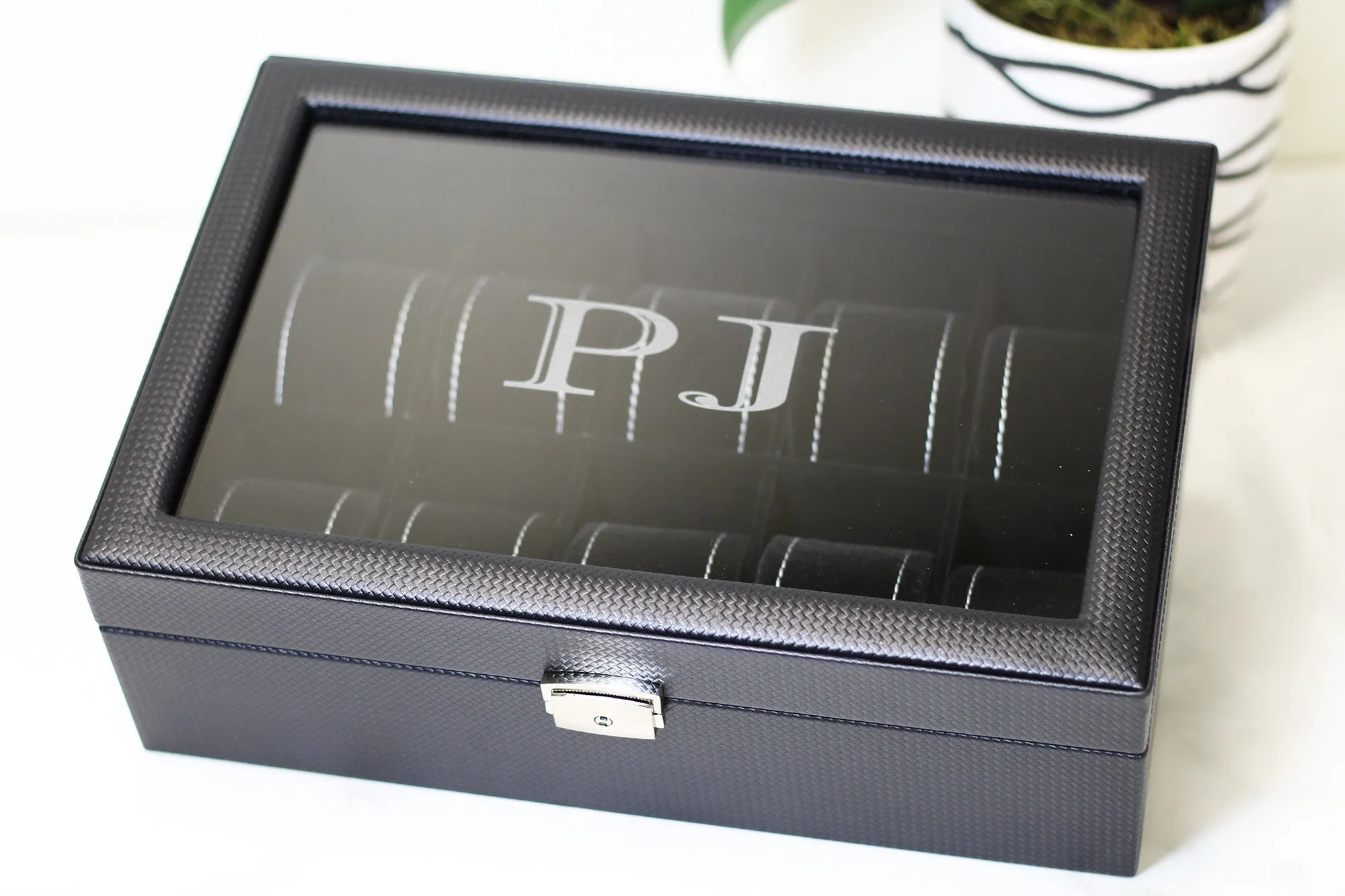 (10) Carbon Fiber Pattern Leather Watch Box with Glass Top