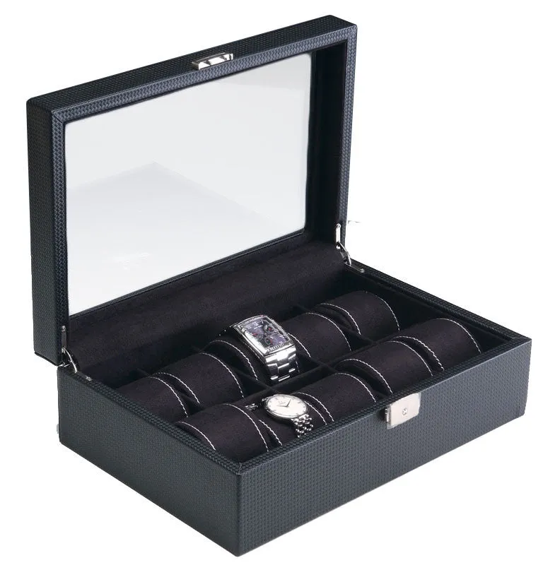 (10) Carbon Fiber Pattern Leather Watch Box with Glass Top