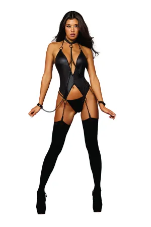12818 Stretch Faux Leather Garter Slip with Chains & Restraints – One Size Lingerie Set