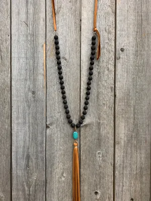 14686 Lava Rock with Turquoise and Leather Tassel