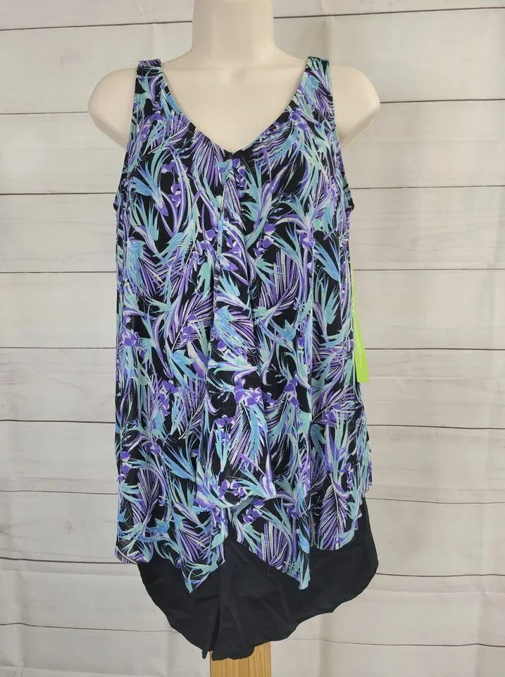14R BLUE A394007 Fit 4 U V-Neck Handkerchief Hem Top with Swim Short