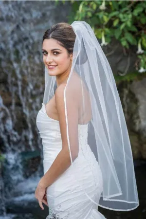 1T Layer Fingertip Length Tulle Wedding Veil with Satin Trim Edge APWV0019