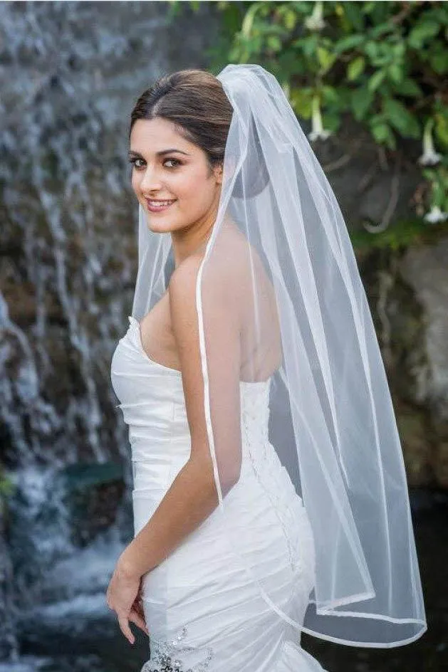 1T Layer Fingertip Length Tulle Wedding Veil with Satin Trim Edge APWV0019