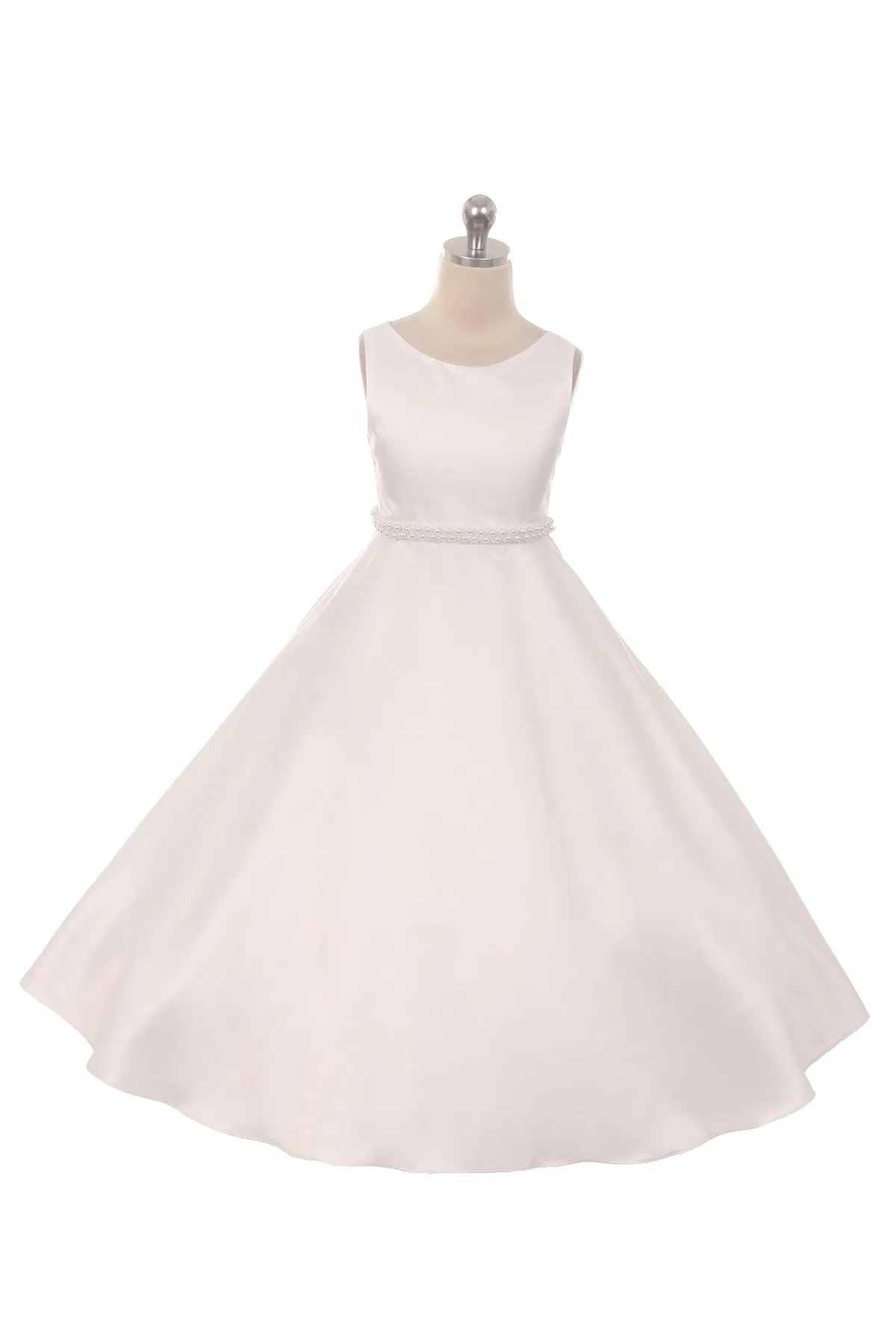 386 Long Satin Pearl Trim Communion Dress