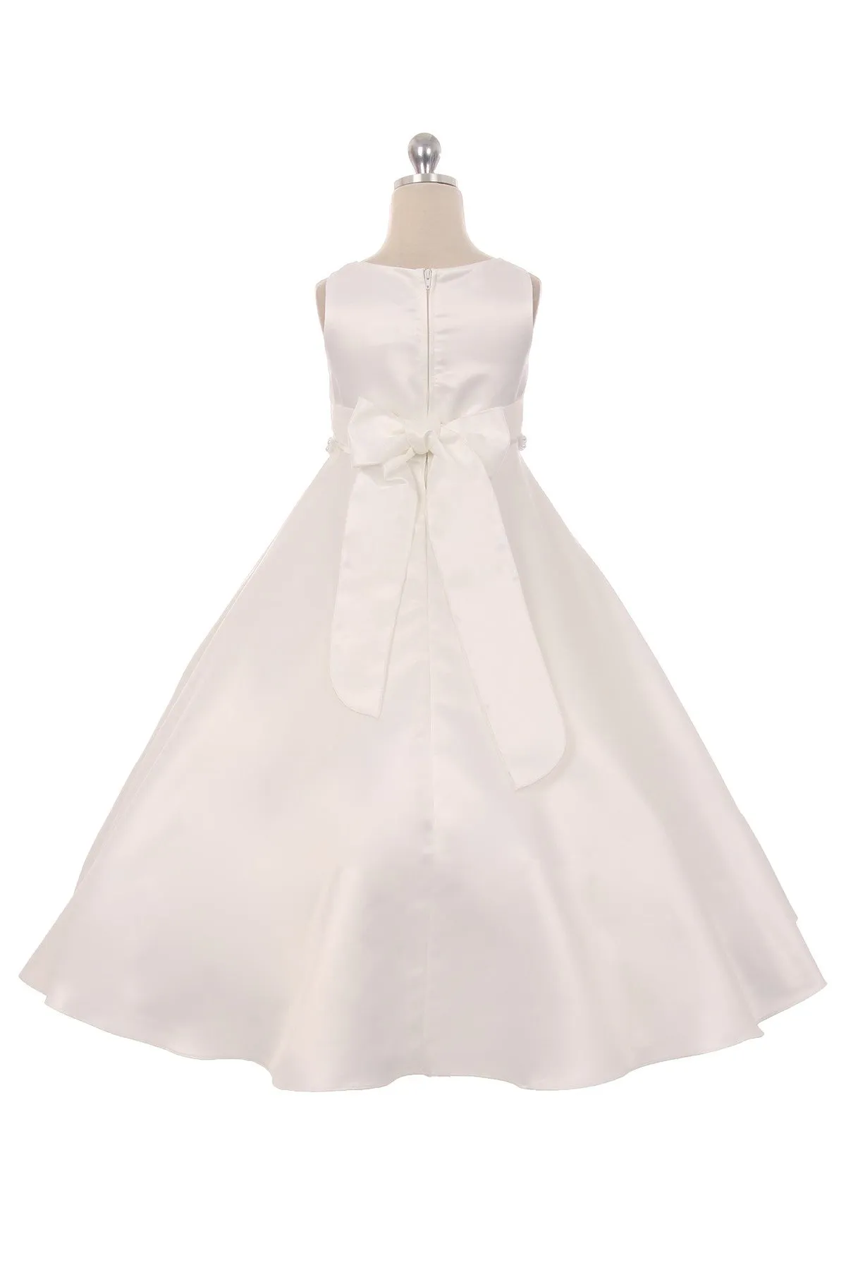 386 Long Satin Pearl Trim Communion Dress