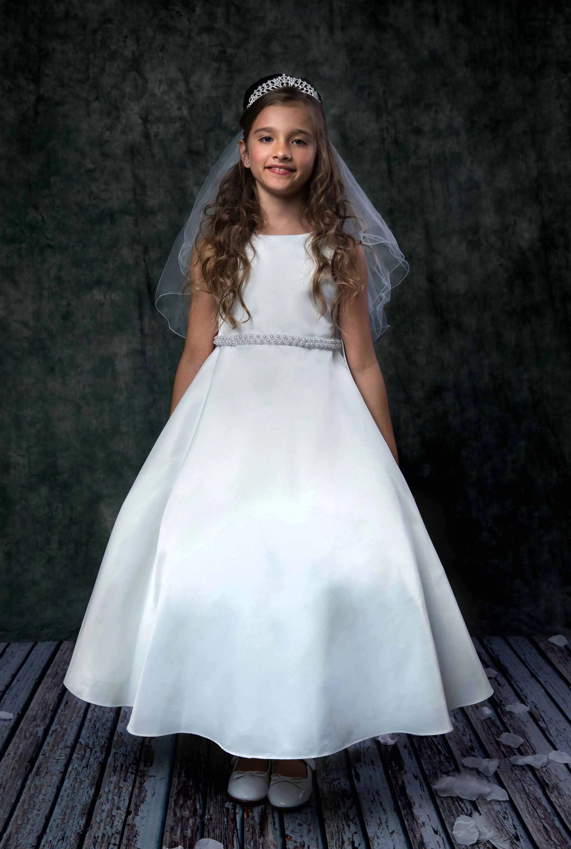 386 Long Satin Pearl Trim Communion Dress