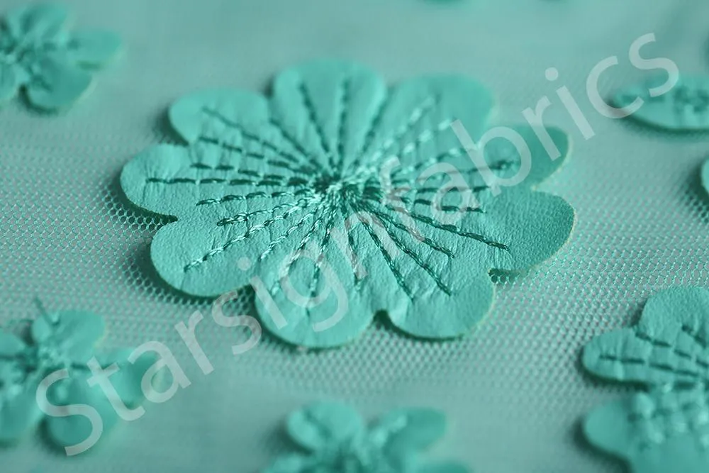 4 Leaf Clover Petal Design Laser Cut Faux Leather Embroidery Mint Fabric