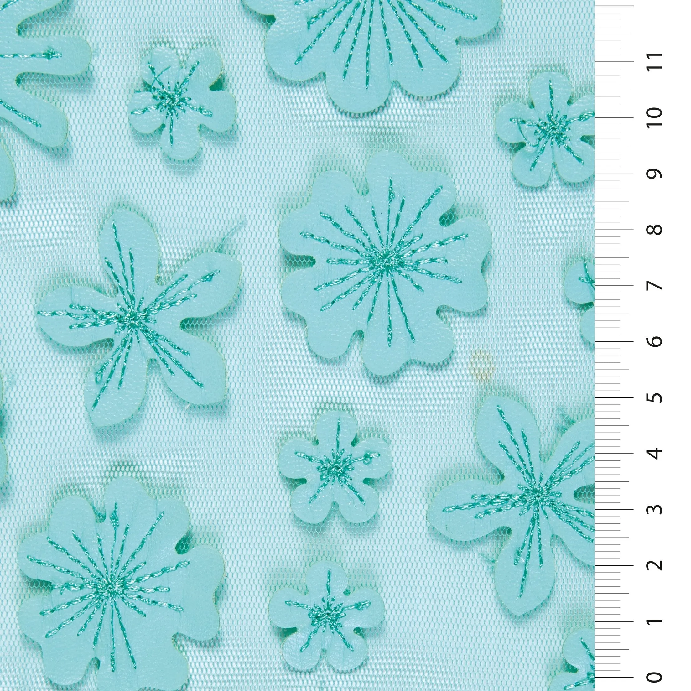 4 Leaf Clover Petal Design Laser Cut Faux Leather Embroidery Mint Fabric
