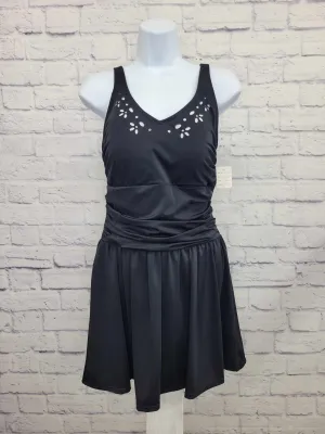 8R BLACK A350351 Denim & Co. Beach Laser Cut Swim Dress