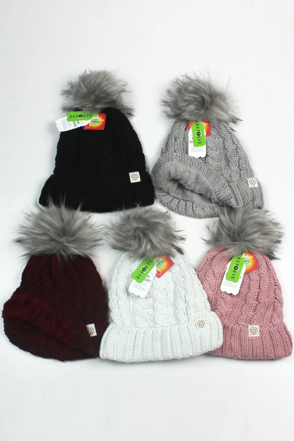 ABB411R - Recycled Polyester Beanie with Lining & Faux Fur Pom