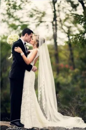 Alencon Applique Lace Trim Bridal Veil Long Tulle APWV0011