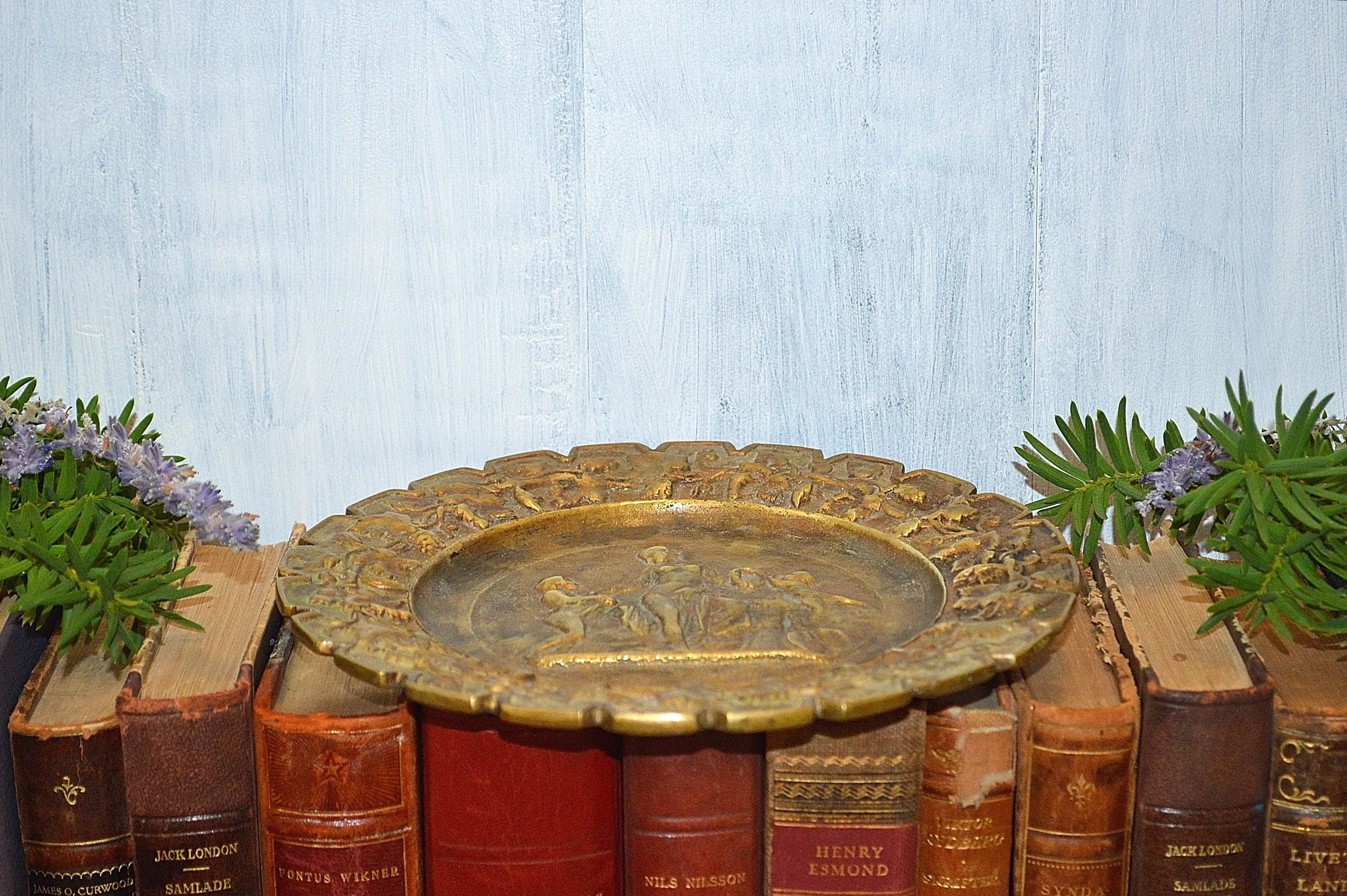 Antique Art Nouveau Decorative Tray French Style Brass Relief Cherubs