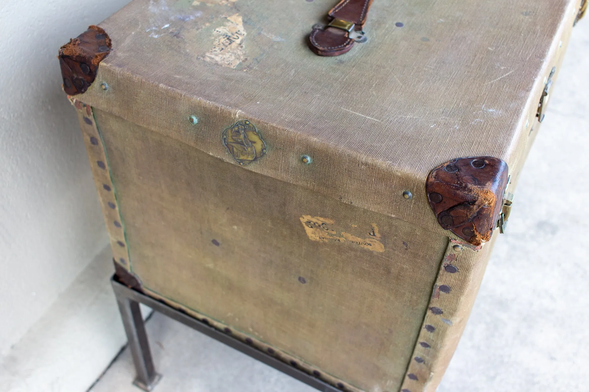 Antique English Luggage Trunk Side Table with Iron Base