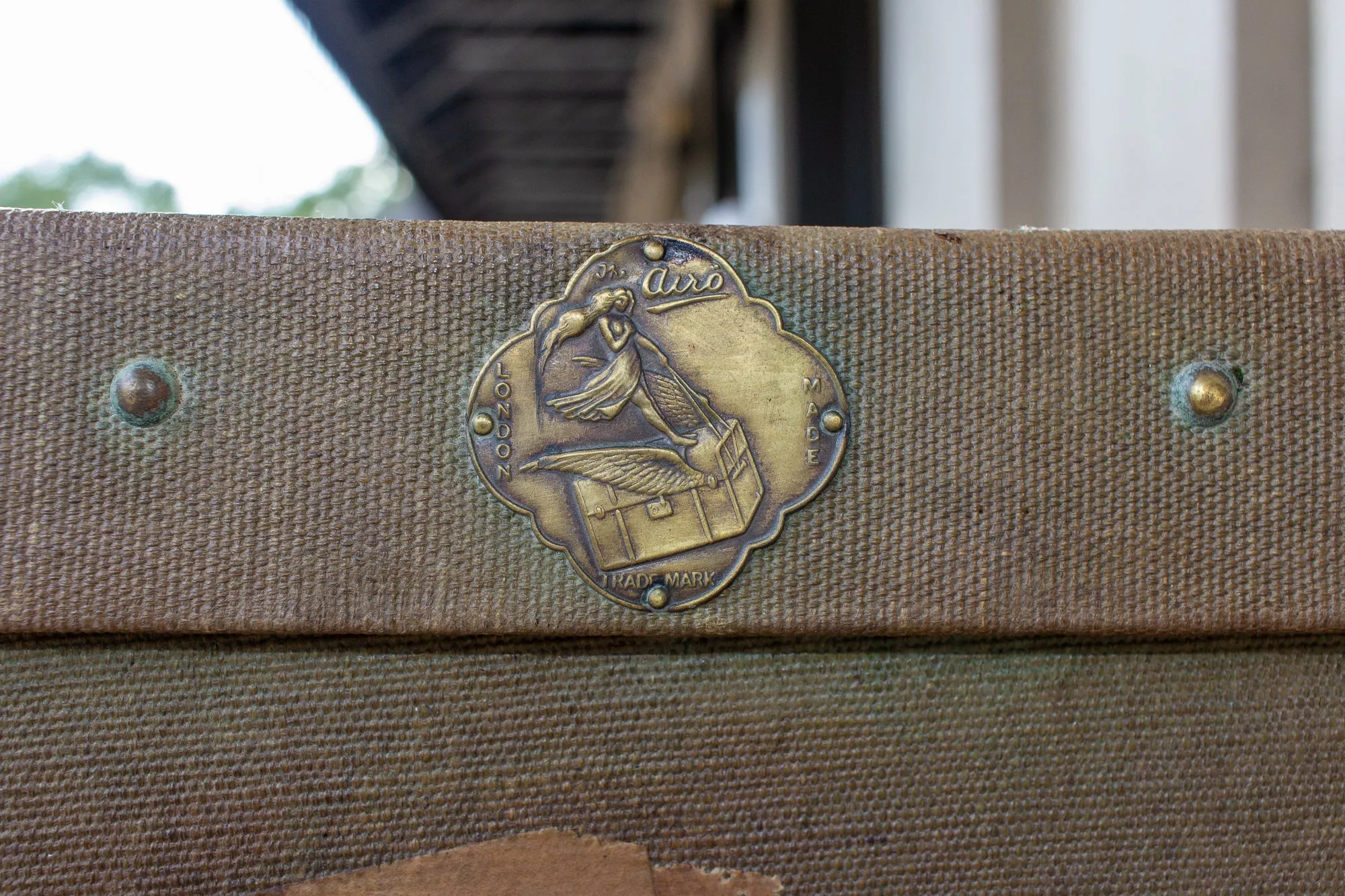 Antique English Luggage Trunk Side Table with Iron Base