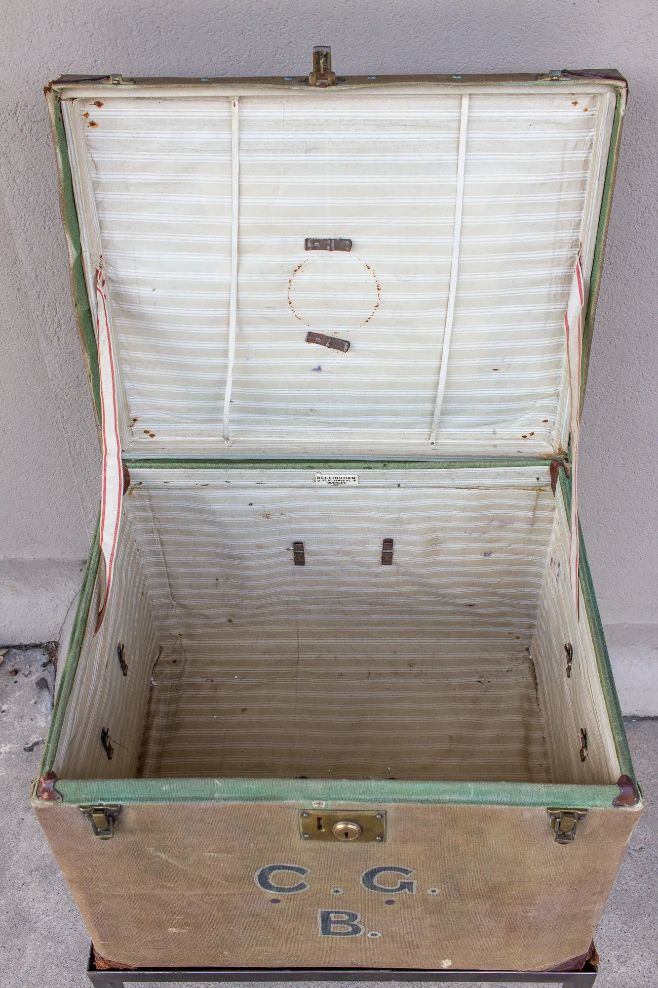 Antique English Luggage Trunk Side Table with Iron Base