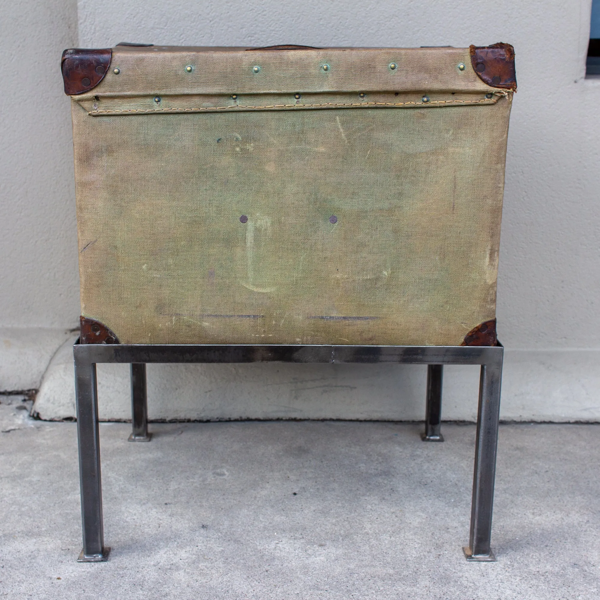 Antique English Luggage Trunk Side Table with Iron Base