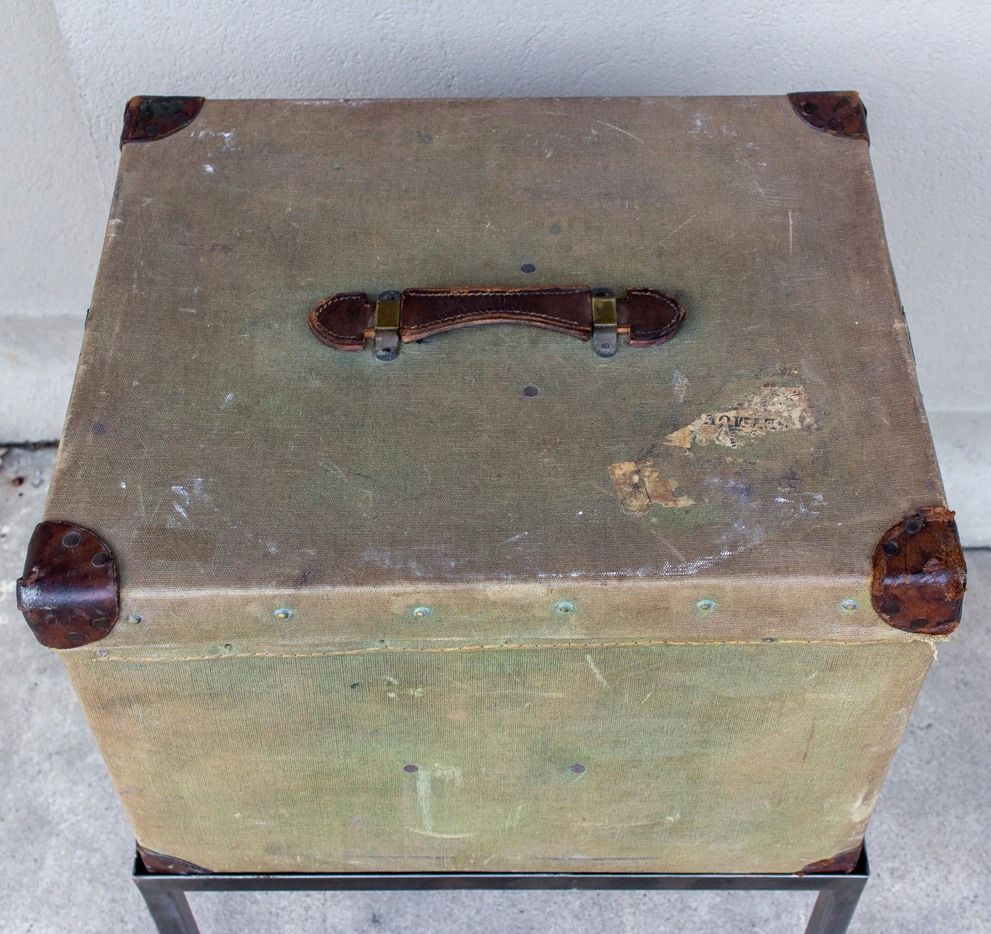 Antique English Luggage Trunk Side Table with Iron Base