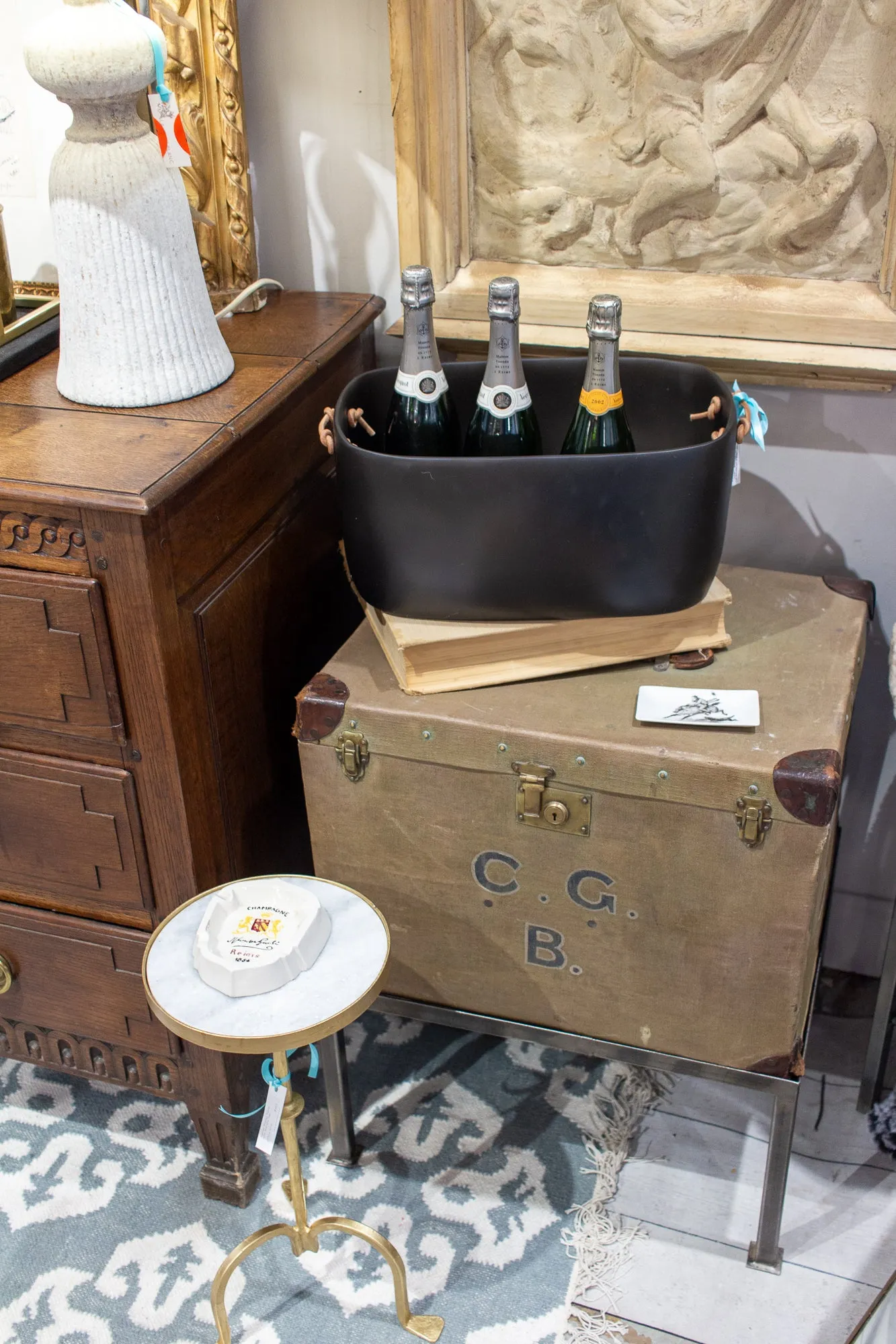Antique English Luggage Trunk Side Table with Iron Base