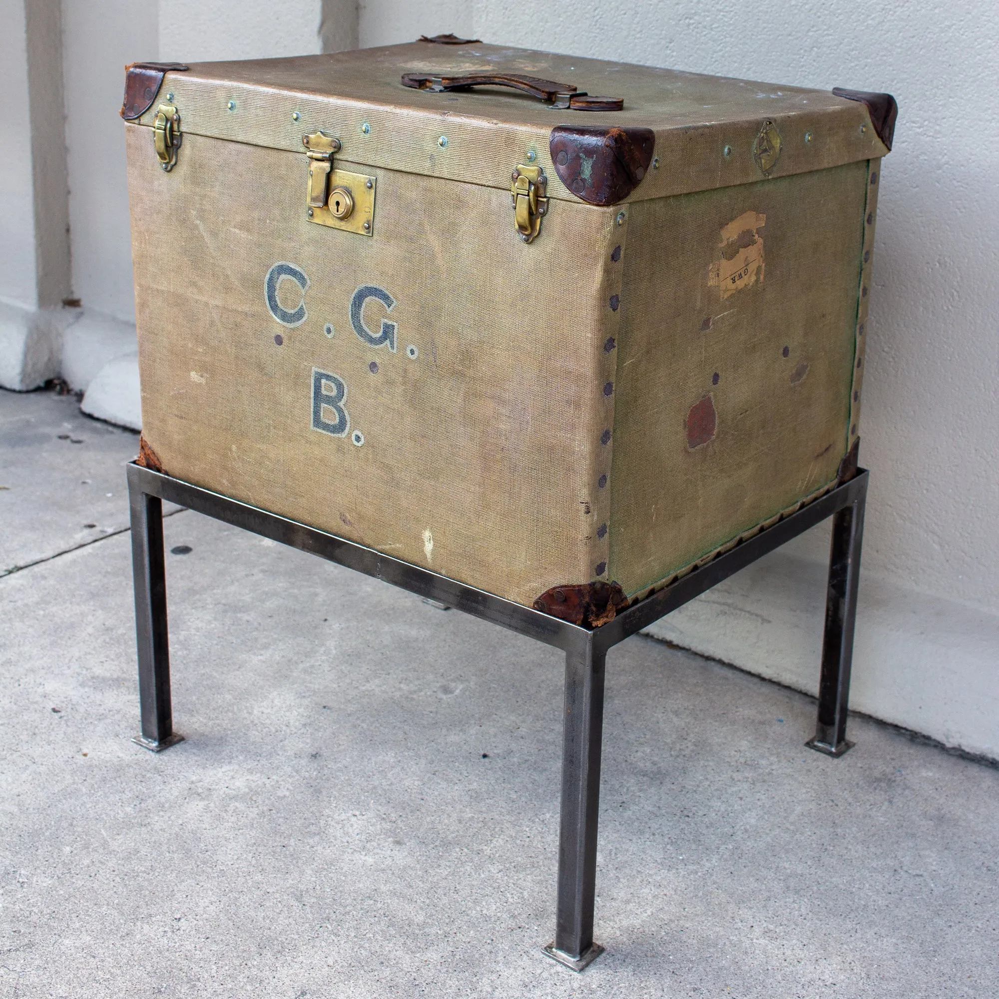 Antique English Luggage Trunk Side Table with Iron Base