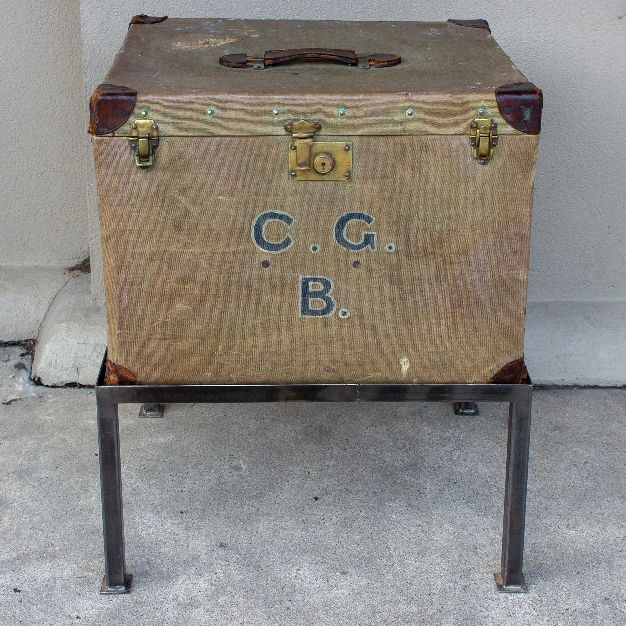 Antique English Luggage Trunk Side Table with Iron Base
