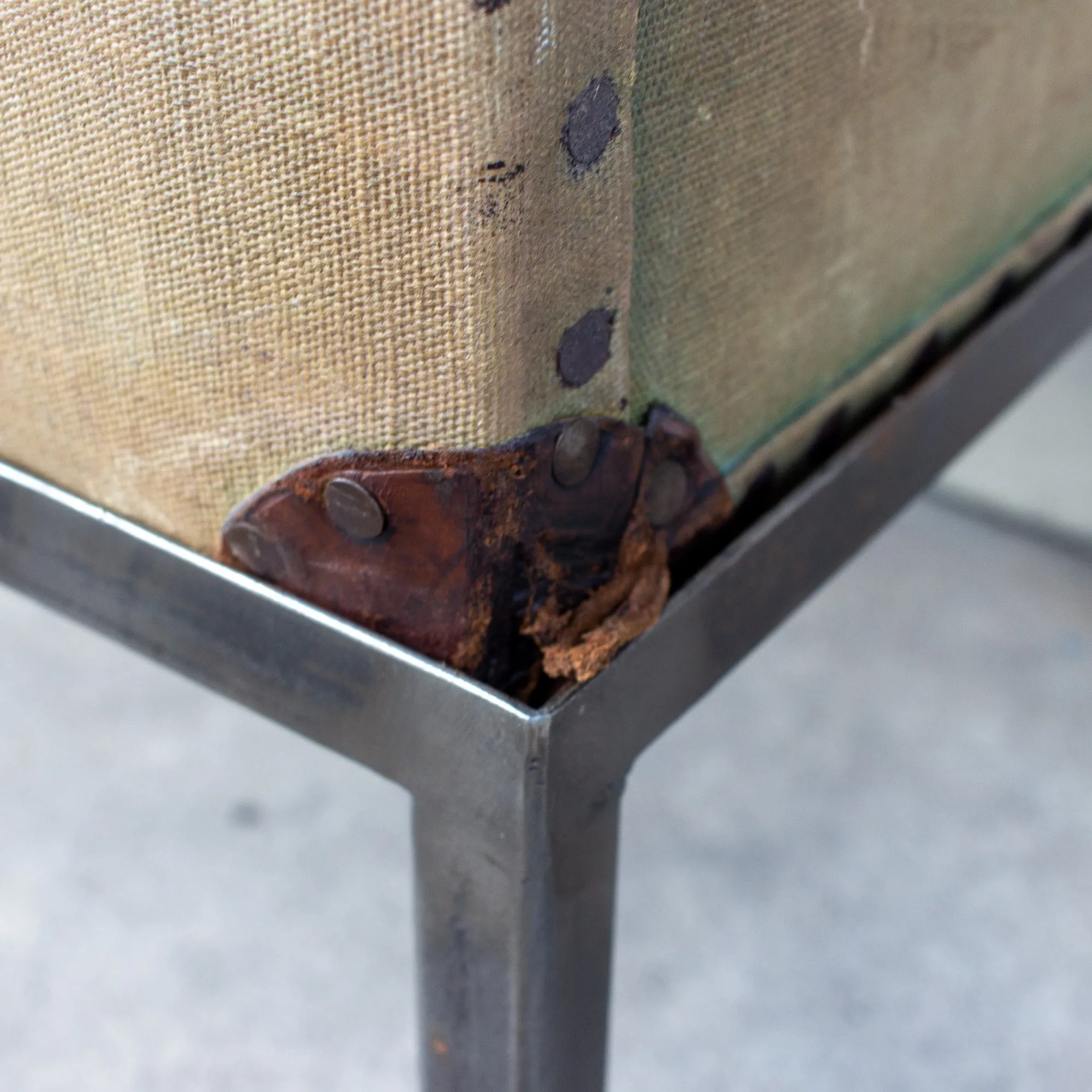 Antique English Luggage Trunk Side Table with Iron Base
