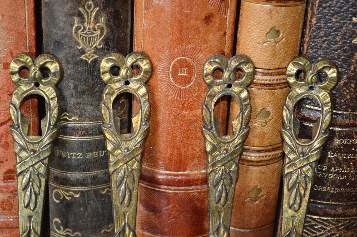 Antique French Bow Wreath Escutcheon Brass Keyhole Hardware Vertical Mount 3 Available