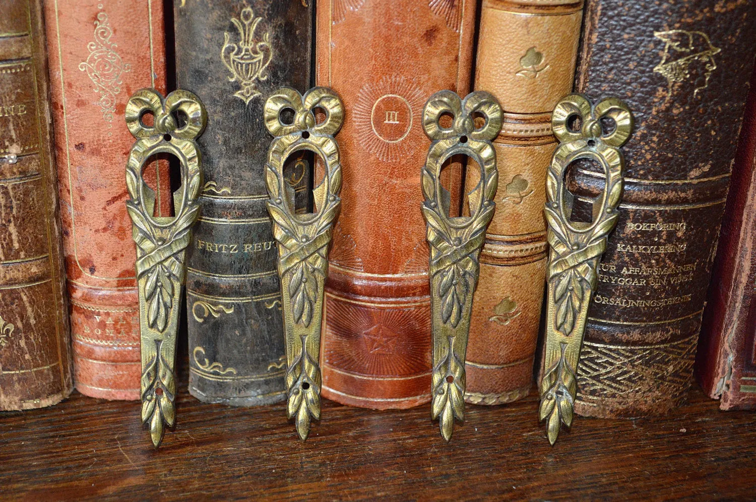 Antique French Bow Wreath Escutcheon Brass Keyhole Hardware Vertical Mount 3 Available