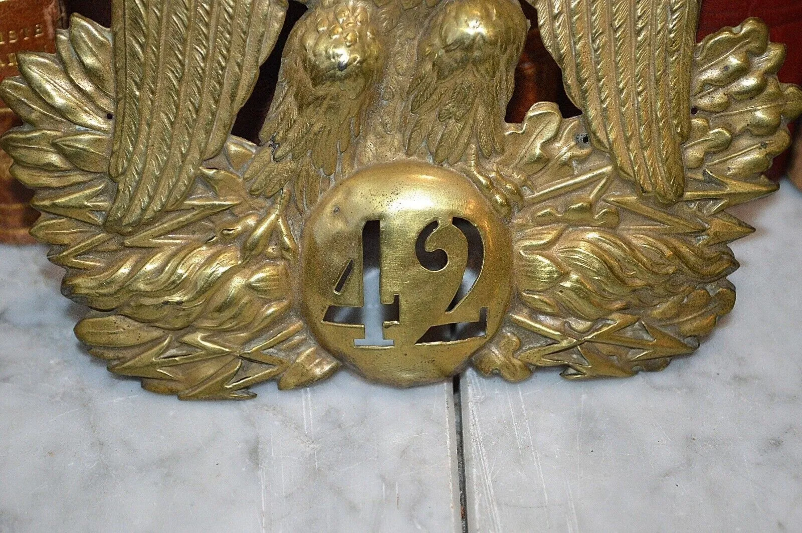 Antique French Brass Eagle Shako Hat Helmet Plate 42 Regiment