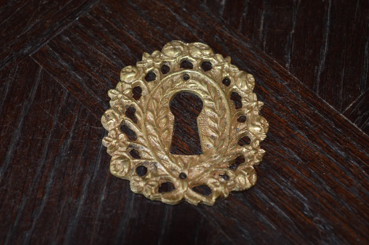 Antique French Escutcheon Bronze Rose Vines Keyhole Hardware