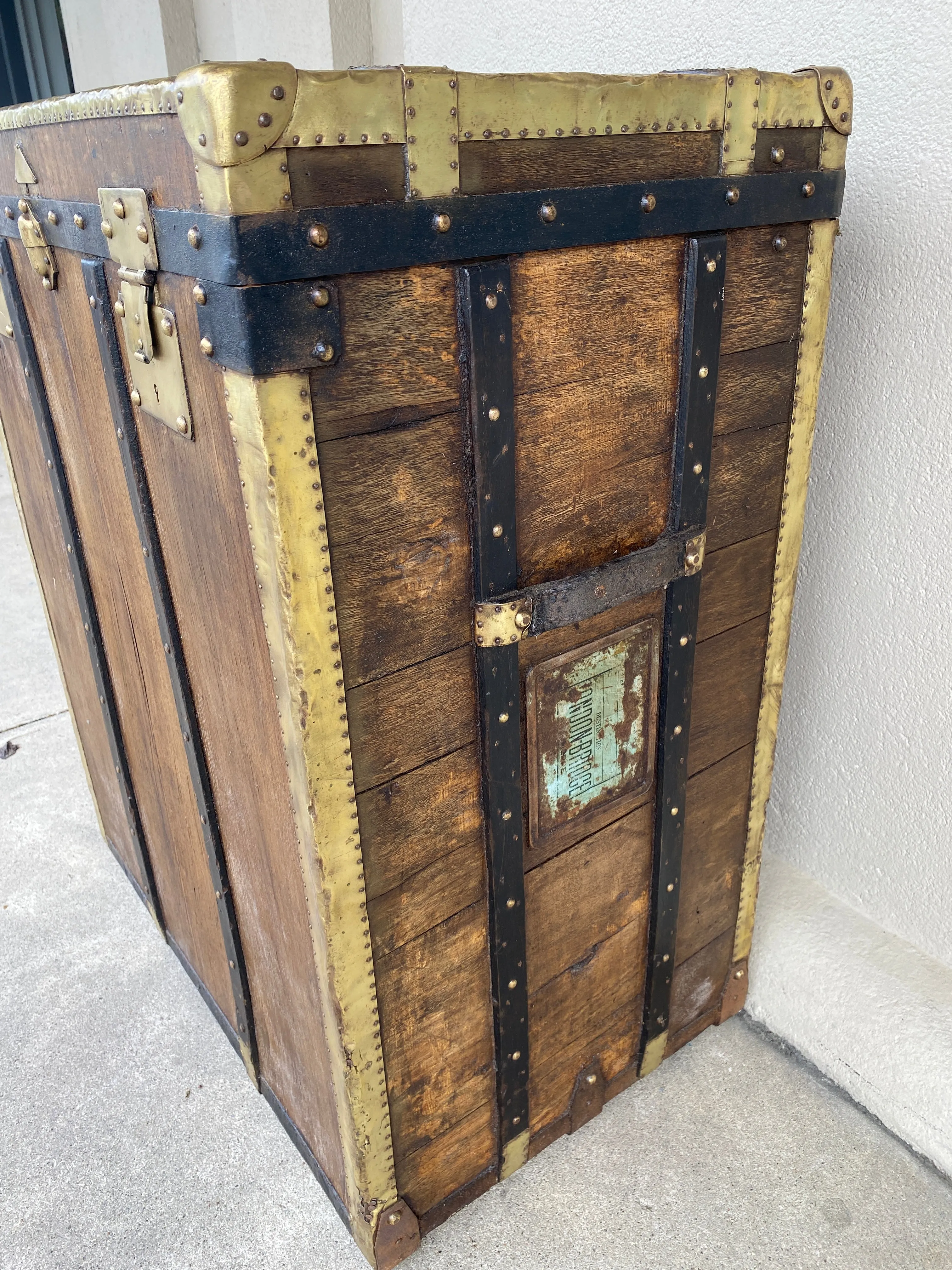 Antique French Malard Paris Steamer Trunk with Brass Hardware & London Bridge Label