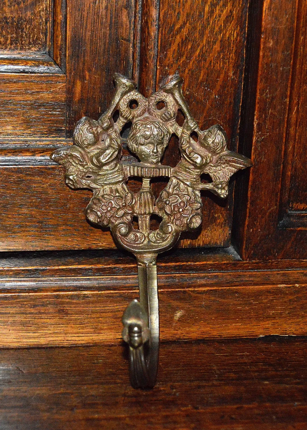 Antique Hook Cherubs Trumpeting Angels Brass Hardware