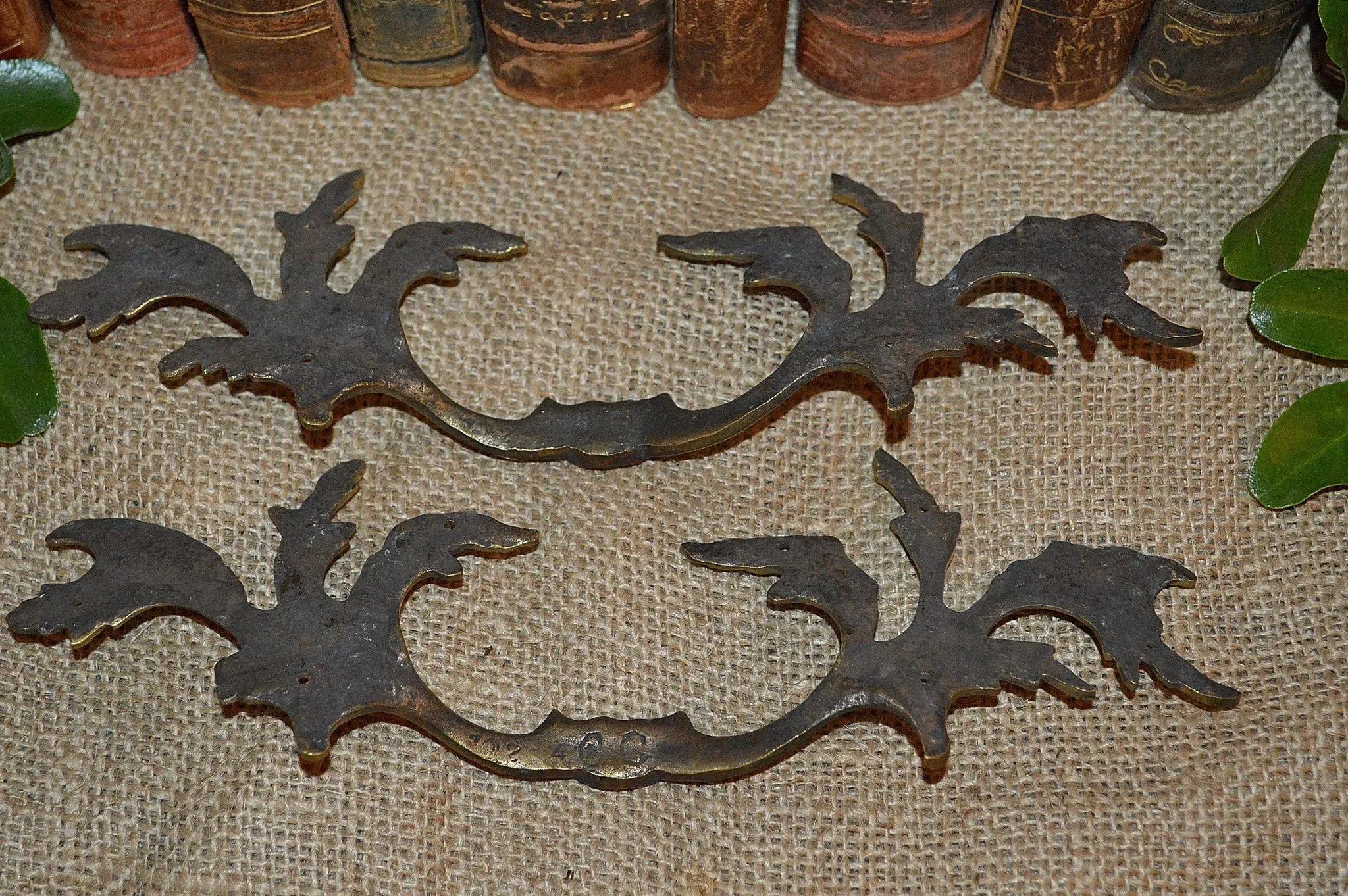 Antique Pair French Brass Large Drawer Pulls Handles Hardware