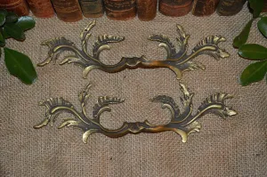 Antique Pair French Brass Large Drawer Pulls Handles Hardware