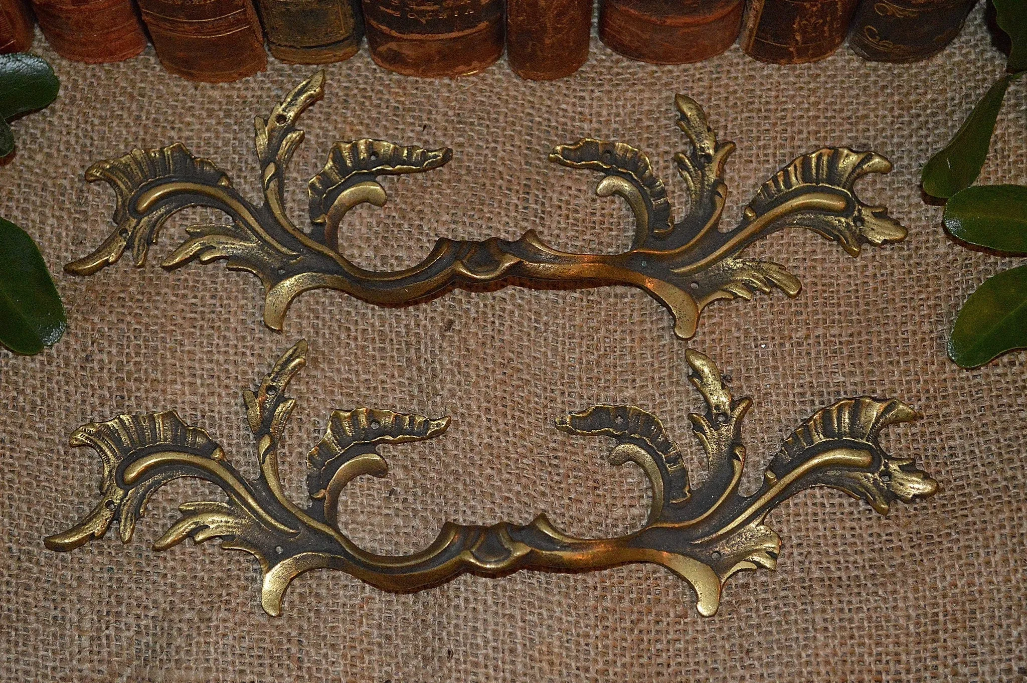 Antique Pair French Brass Large Drawer Pulls Handles Hardware