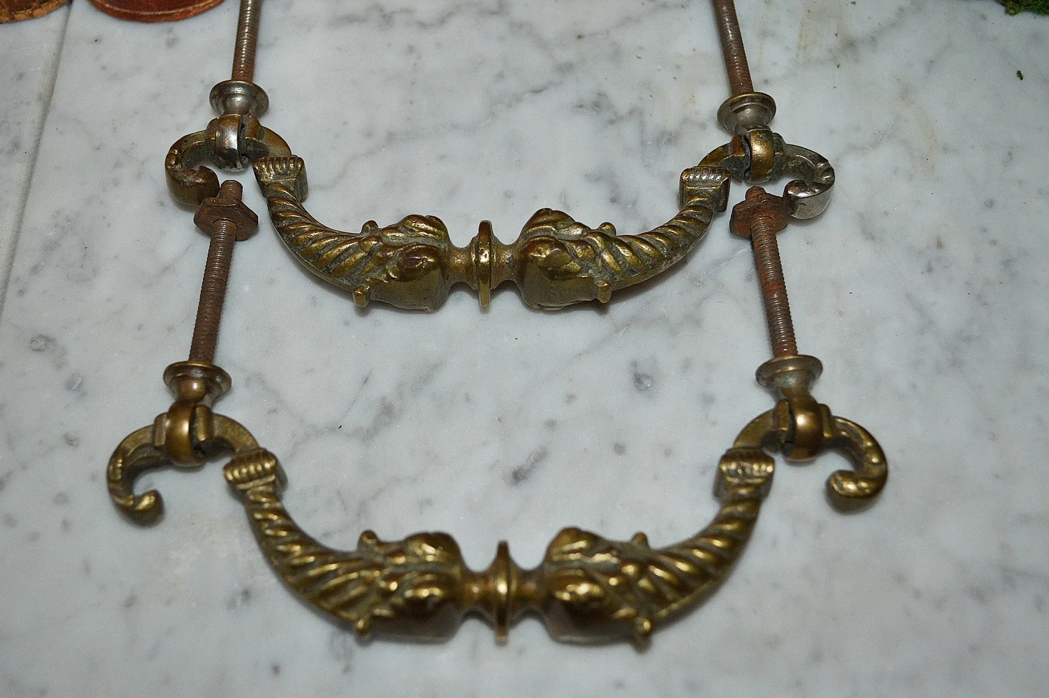 Antique Pair French Handles Pulls Heavy Brass Furniture Hardware