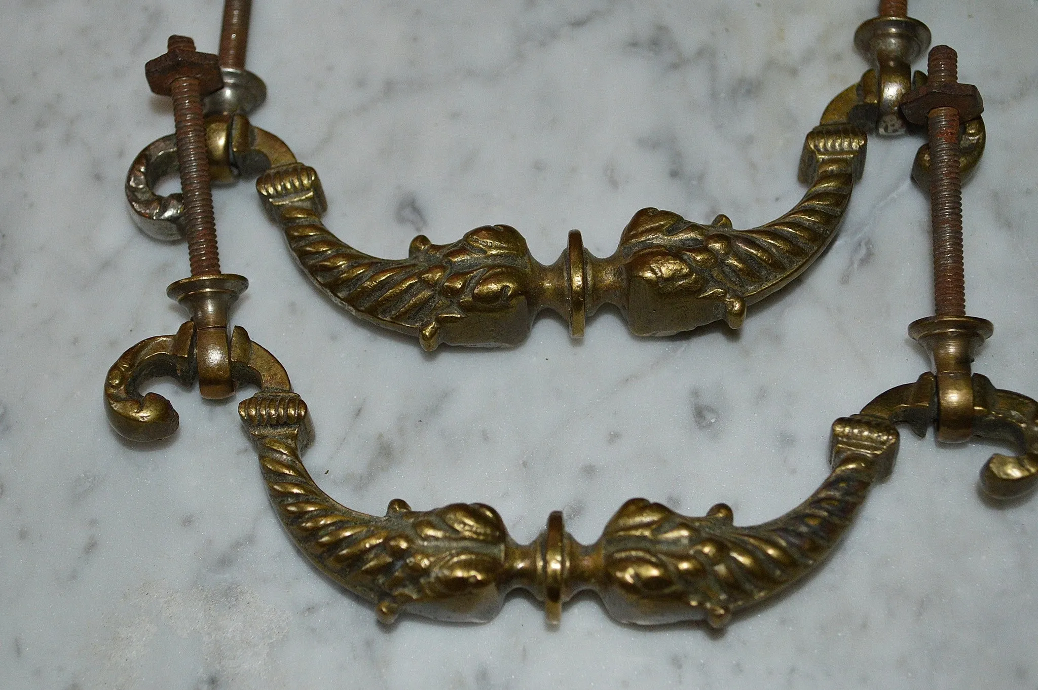 Antique Pair French Handles Pulls Heavy Brass Furniture Hardware
