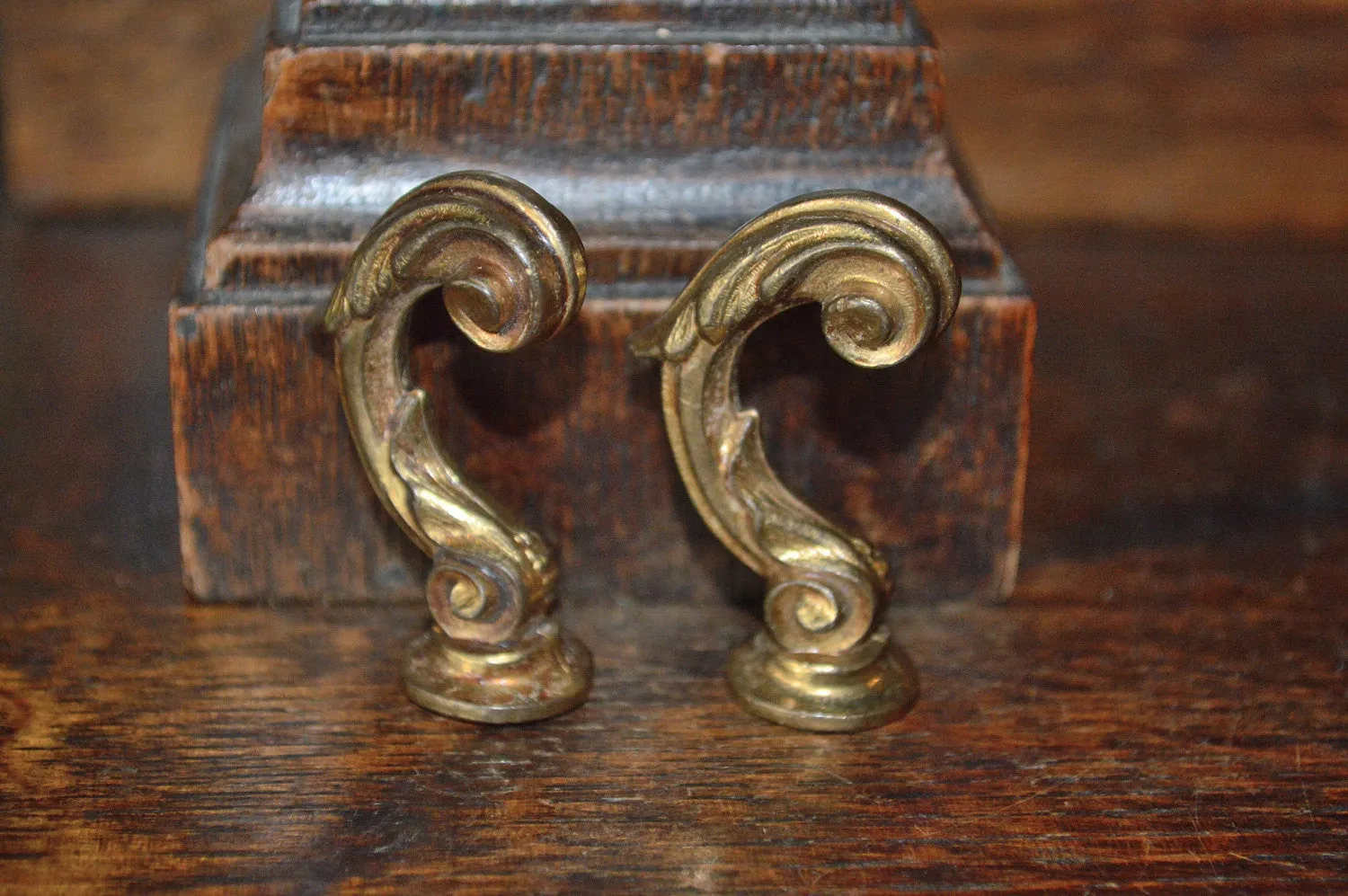 Antique Pair French Hooks Brass Drapery Tie Backs Brackets Hardware