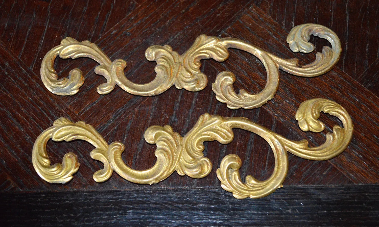 Antique Pair French Trim Mounts Acanthus Swirl Design Hardware