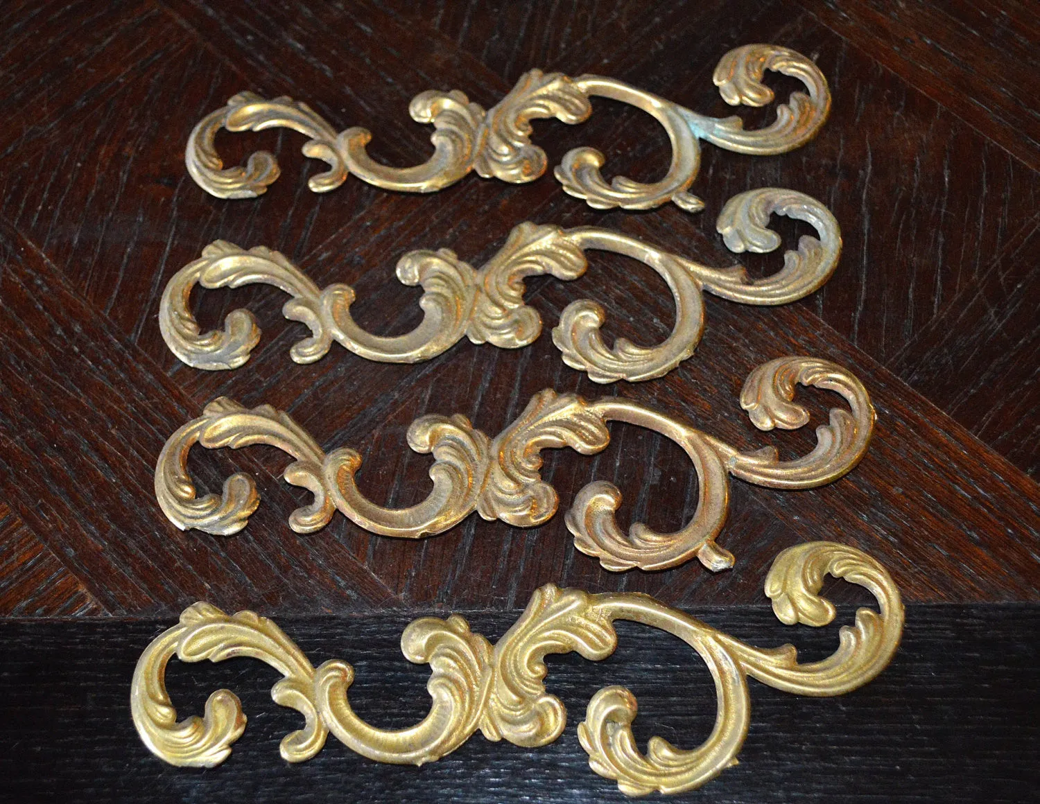 Antique Pair French Trim Mounts Acanthus Swirl Design Hardware