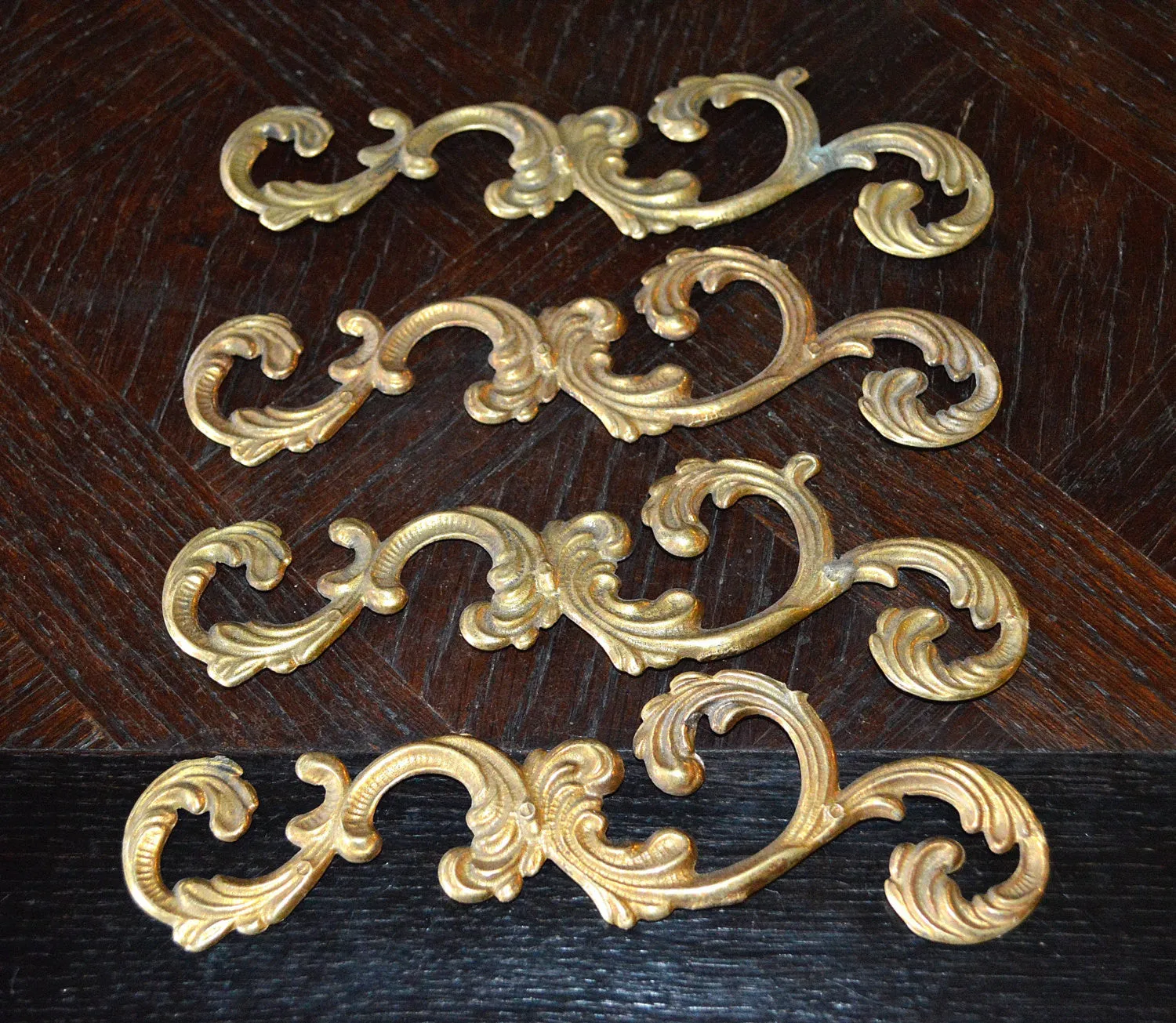 Antique Pair French Trim Mounts Acanthus Swirl Design Hardware