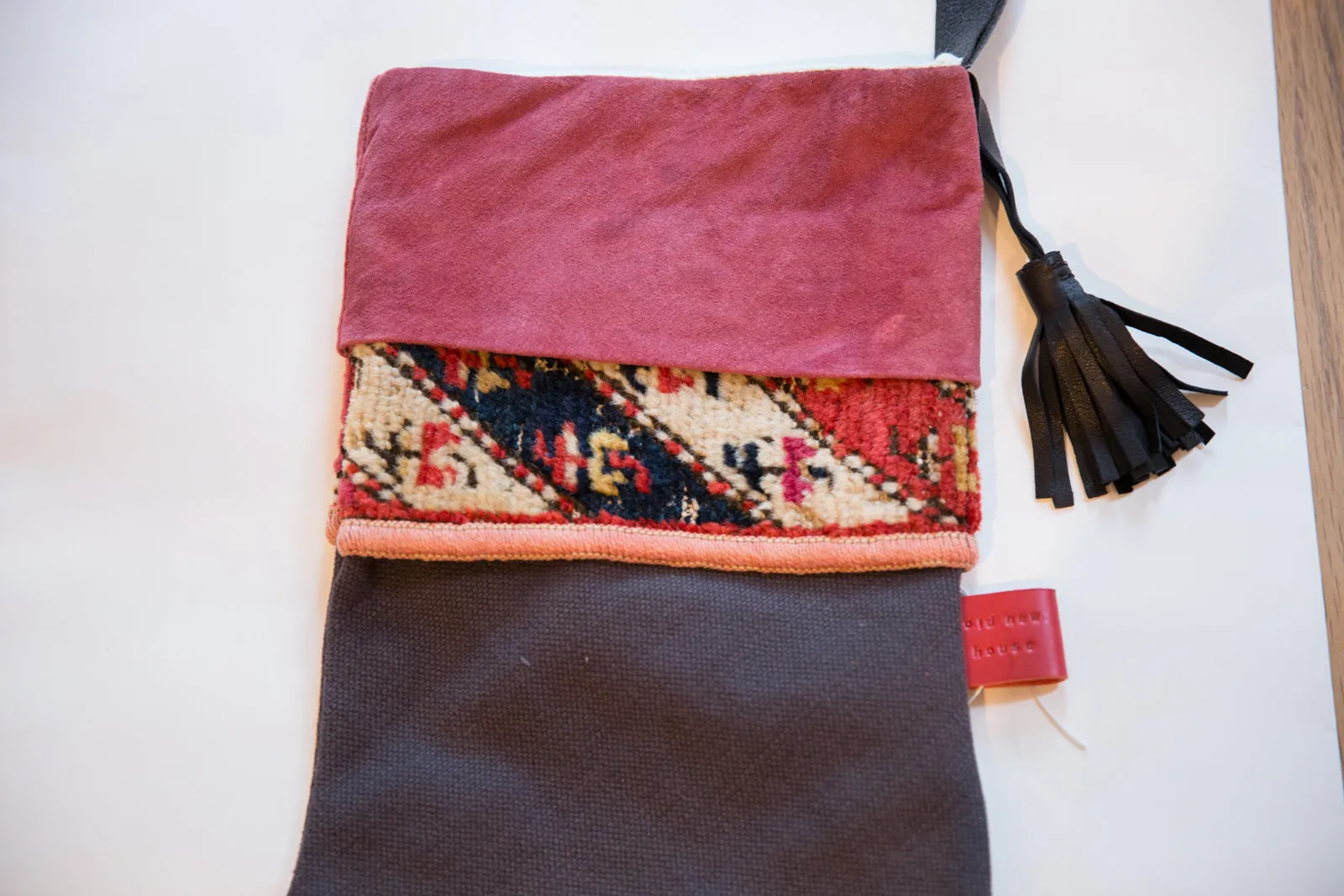 Antique Rug Fragment Stocking Fuchsia Suede