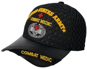 Army Medic Baseball Cap, Black U.S. Military Hat, Leather and Air Mesh, Officially Licensed