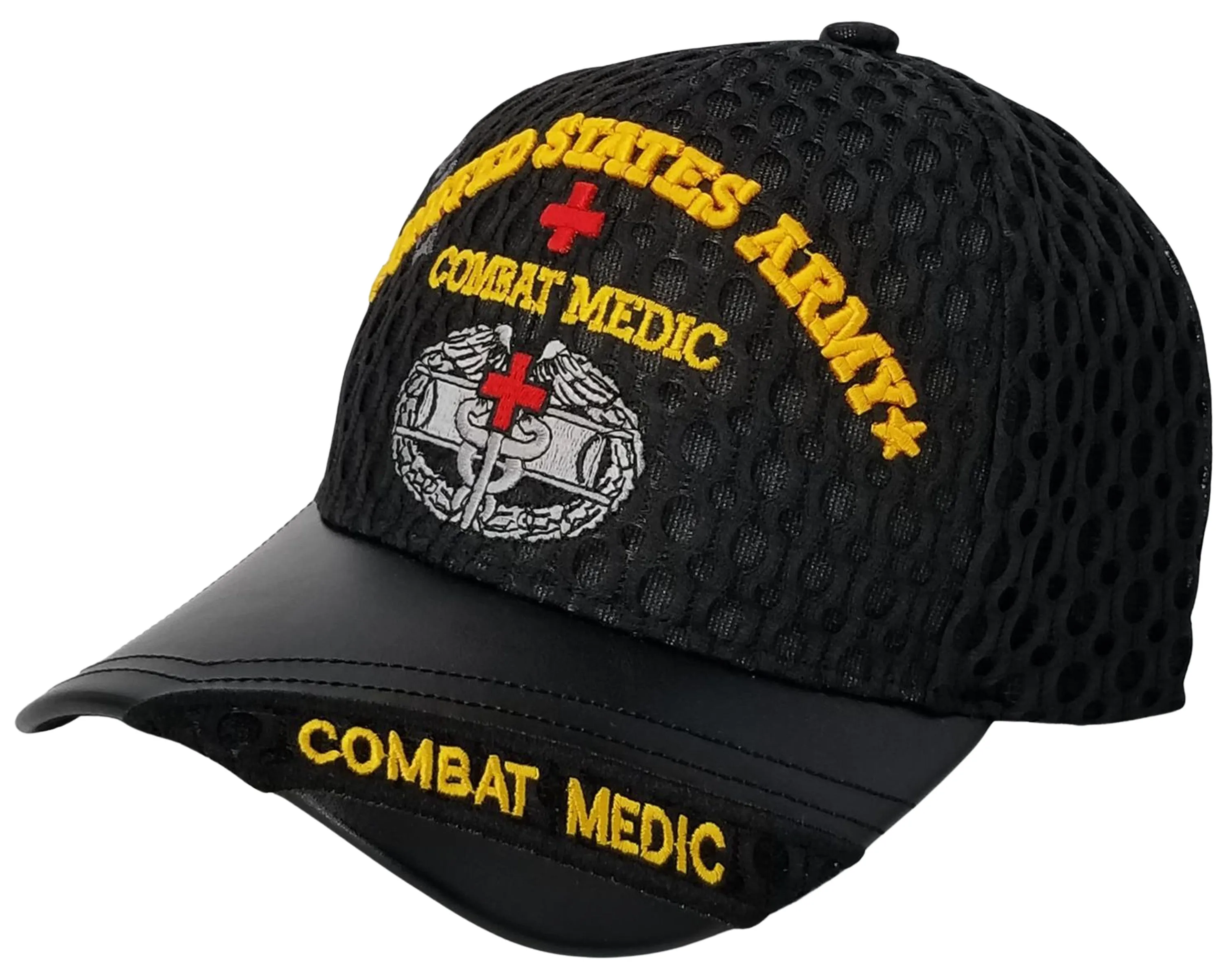 Army Medic Baseball Cap, Black U.S. Military Hat, Leather and Air Mesh, Officially Licensed
