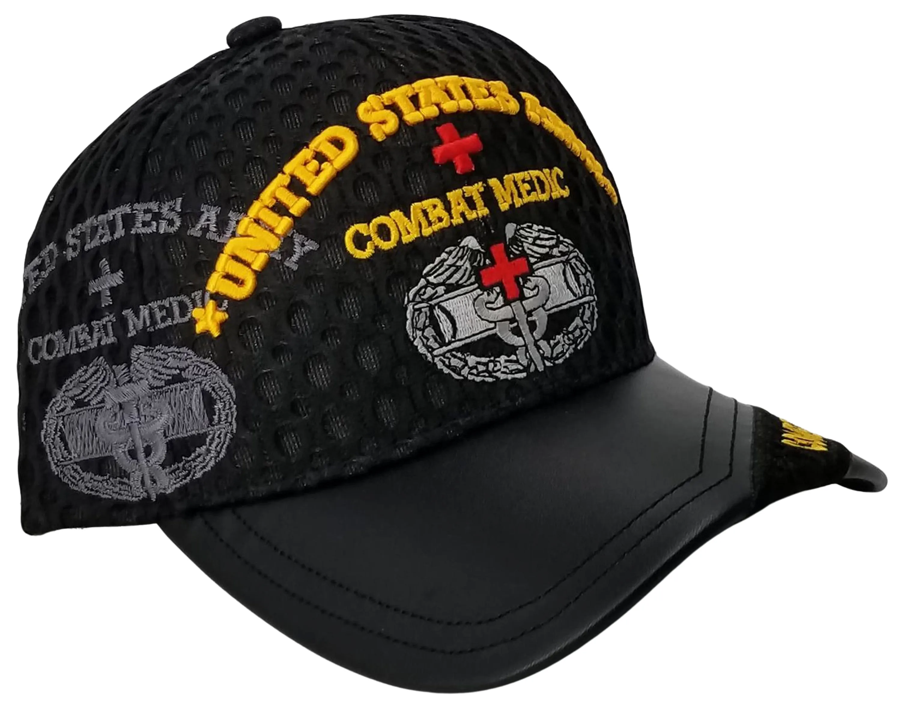 Army Medic Baseball Cap, Black U.S. Military Hat, Leather and Air Mesh, Officially Licensed