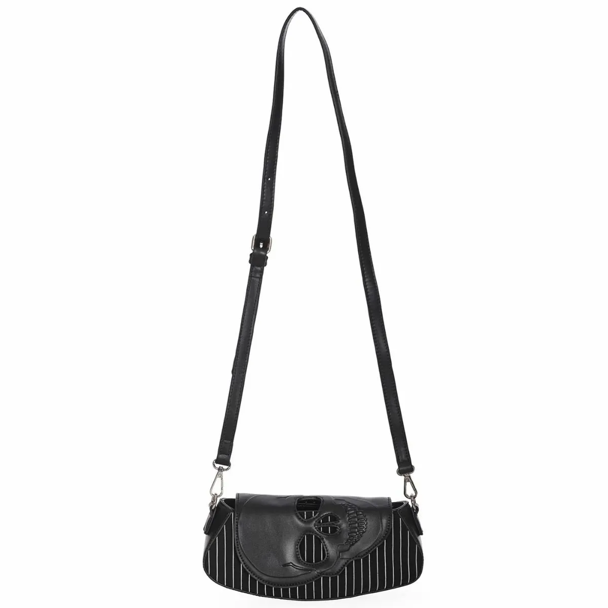 Banned Black Core Pinstripe Faux Leather Skull Shoulder Bag