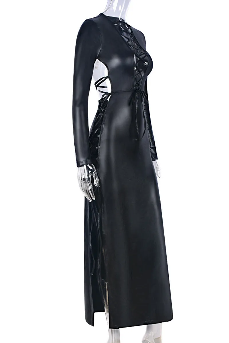 BG649 Faux Leather Drawstring Maxi Dress