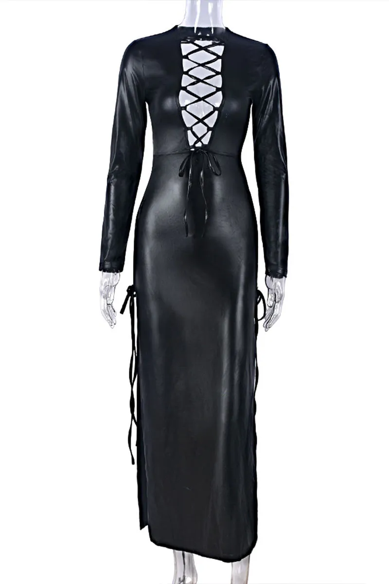 BG649 Faux Leather Drawstring Maxi Dress